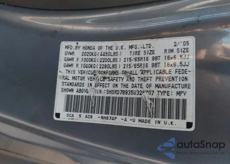 2005 Honda Cr-V Se z USA, uszkodzony, nr VIN SHSRD78935U326707